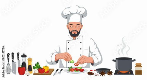 Professional chef preparing a fresh vegetable salad with various kitchen tools and ingredients, highlighting healthy cooking and culinary expertise on a white background.
