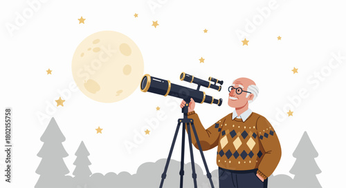 Senior man observing the full moon and stars through a telescope, enjoying astronomy outdoors.