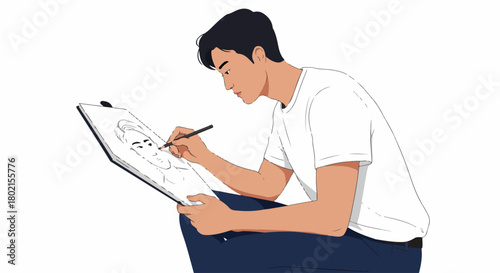 Asian man drawing a portrait sketch, engaged in creative art on a white background, showcasing artistic talent and hobby.