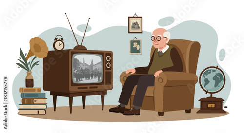 Elderly gentleman enjoying vintage television in a nostalgic living room, surrounded by retro objects, reflecting on old memories and classic entertainment at home.