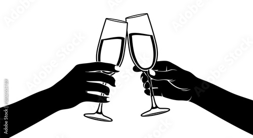 Two silhouetted hands clinking champagne flutes in a celebratory toast against a white background, symbolizing joy and special occasions.
