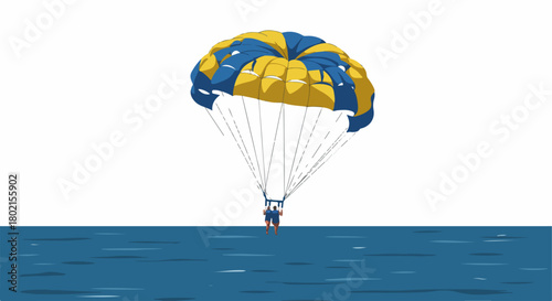Person parasailing over blue ocean water with a vibrant yellow and blue parachute, enjoying a thrilling water sport adventure under a clear sky.