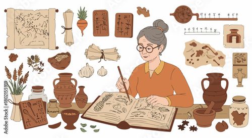 Elderly female scholar studying ancient artifacts and botany, meticulously documenting discoveries from history and nature with scrolls, maps, and tools.