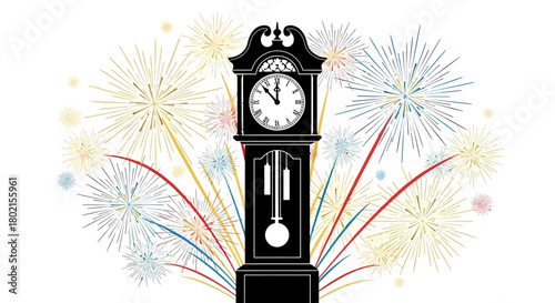 A black grandfather clock with a pendulum showing midnight, surrounded by colorful fireworks exploding in the night sky, symbolizing New Year's Eve celebration.