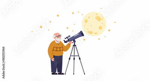 Elderly man with glasses and white beard gazes at the full moon and stars through a telescope, illustrating the wonder of astronomy.