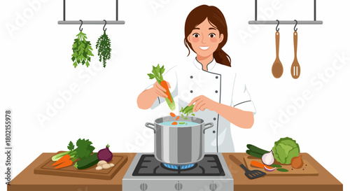 Smiling female chef cooking fresh vegetable soup, adding ingredients to a pot on the stove, surrounded by healthy produce and kitchen essentials.