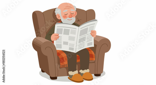 Elderly man peacefully reading a newspaper in a comfortable armchair, enjoying a relaxed moment at home.