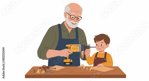 Happy grandfather teaches his grandson woodworking skills, using a drill on a wooden board, illustrating intergenerational bonding and hands-on learning.