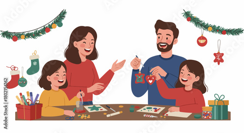 Joyful family crafting Christmas decorations together, parents and daughters engaged in festive DIY activities, celebrating the holiday spirit with creativity.