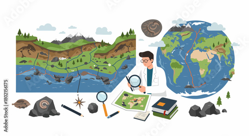 Geologist studying Earth's structure, geological maps, fossils, and plate tectonics, representing earth science research and discovery.