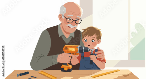 Grandfather and grandson bond over a DIY project, as the elder teaches the young boy to use a drill, fostering intergenerational learning and shared happy moments.