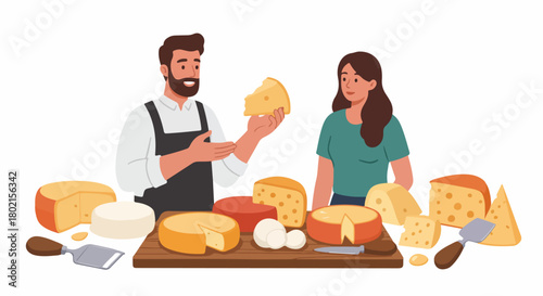 Cheesemonger presenting diverse cheese varieties to a woman, surrounded by a bountiful display of gourmet cheeses and tools on a rustic board.