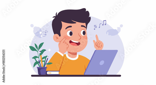 Creative young boy with an idea using laptop for study or leisure, surrounded by learning tools and musical inspiration, flat illustration.