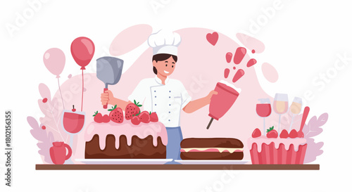 Smiling chef decorating delicious strawberry cakes and desserts for a festive celebration.