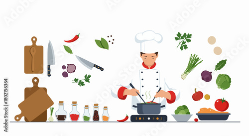Chef cooking a healthy meal with fresh ingredients and various spices. Culinary professional preparing delicious food on a stovetop, surrounded by kitchen tools.