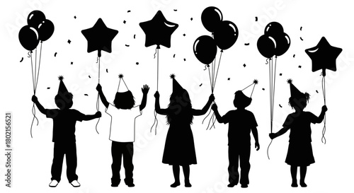 Silhouettes of five children wearing party hats and holding balloons with confetti falling.