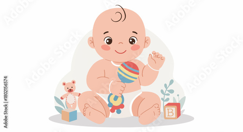 Adorable baby in diaper happily playing with colorful rattle and toy blocks, surrounded by a teddy bear in a cheerful nursery illustration.