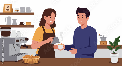 A happy barista serving freshly made latte art coffee to a smiling customer in a cozy cafe, illustrating excellent coffee shop service and morning refreshment.