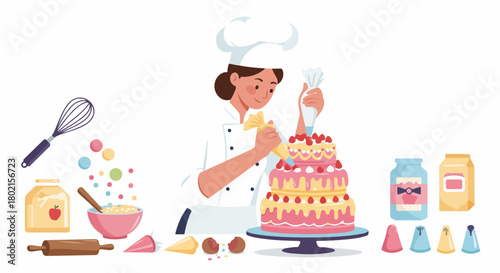 Female baker decorating a multi-tiered strawberry cake with frosting and sprinkles, surrounded by baking ingredients and tools, illustrating confectionery and culinary arts.