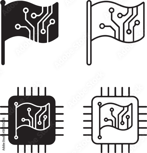Isolated Flag Circuit Icons black vector set, flag tech symbols, country banner icons, minimal outline filled thin stroke, digital circuit connections, smart chip design vector