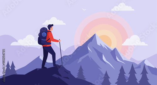 Adventurous man with a backpack and hiking pole standing atop a mountain, contemplating the serene landscape at dawn.