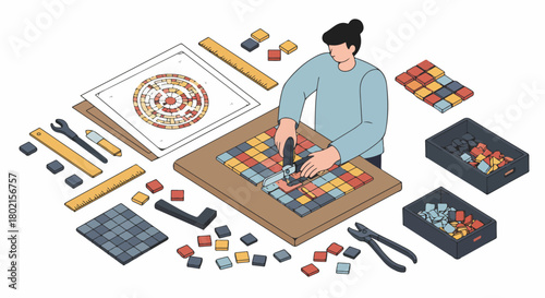 Artisan crafting a colorful mosaic. A person cuts ceramic tiles with tools, following a design plan, surrounded by various vibrant mosaic pieces and craft supplies.
