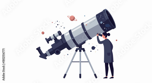 Woman observing cosmos through a large telescope, surrounded by planets and stars, symbolizing discovery and astronomical exploration.