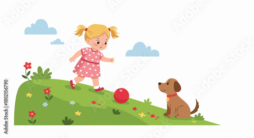A happy blonde girl in a pink polka-dot dress plays with her brown dog and a red ball on a sunny green hill surrounded by colorful flowers.