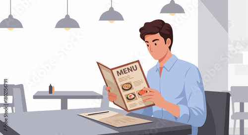 Young man reading menu at a modern restaurant, contemplating food choices for his meal.