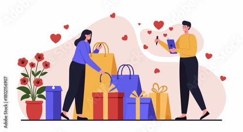 Couple enjoying a shopping spree with many gift boxes and bags, surrounded by hearts, celebrating love and thoughtful presents with a modern flat illustration.