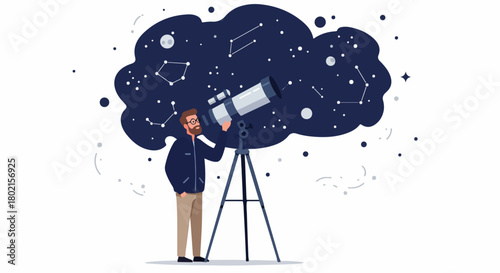Bearded man observing the cosmos with a telescope, surrounded by stars, planets, and constellations in a stylized night sky illustration, symbolizing discovery and exploration.
