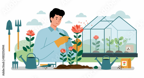 A man actively engaged in gardening, tending to vibrant flowers and plants in a home greenhouse. Illustrates plant care, horticulture, and a healthy hobby.