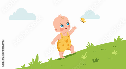 Cute baby's first steps and joyful discovery of a butterfly on a green grassy hill under a bright sky. Adorable illustration of childhood exploration.