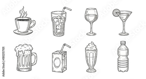 Hand drawn beverage collection: coffee, juice, wine, and more