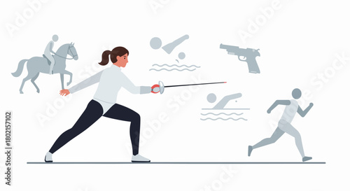 Woman fencer showcases skill amidst modern pentathlon sports: equestrian, shooting, swimming, and running, in a dynamic illustration.