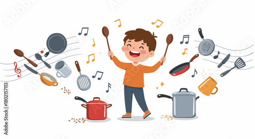 Joyful boy conducting a playful kitchen orchestra with pots, pans, and utensils, surrounded by musical notes, celebrating the fun of cooking and creativity.