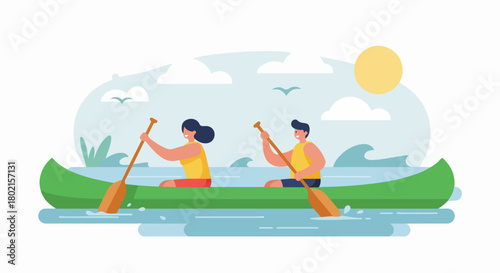 Couple Canoeing on a Sunny Day: Man and Woman Enjoying an Outdoor Water Activity in a Natural Landscape.