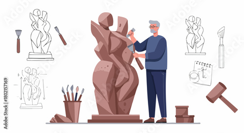 Senior man sculpting an abstract stone artwork, surrounded by carving tools and design sketches, illustrating the creative process and dedication of an artist.