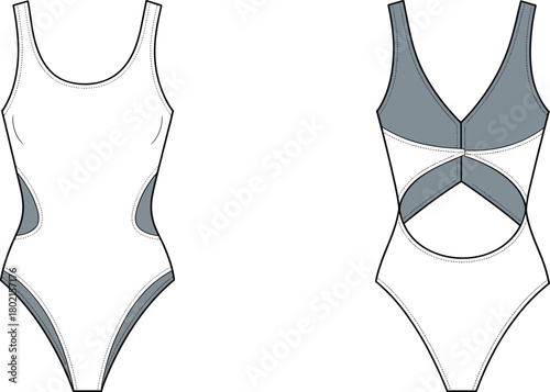 One piece women swimsuit fashion flat sketch front and back view, cut out design, vector apparel template, technical drawing for swimwear design illustration