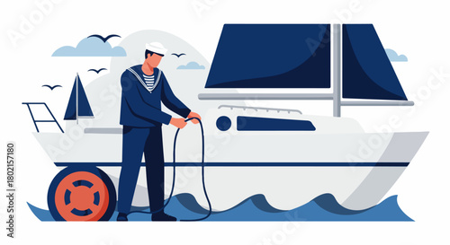Sailor at Work on a Yacht: Nautical Adventure Illustration with a Seaman Handling Ropes on the Water with Boats and Birds in the Background.