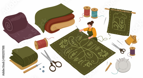 Woman engaged in textile art, surrounded by fabric, threads, and crafting tools, creating a beautiful embroidered pattern, representing handmade hobbies and creative expression.