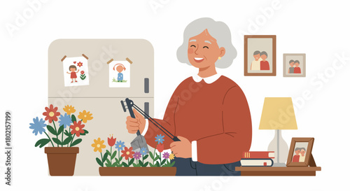 Happy senior woman tending to her indoor garden, surrounded by family memories and embracing a peaceful domestic life.
