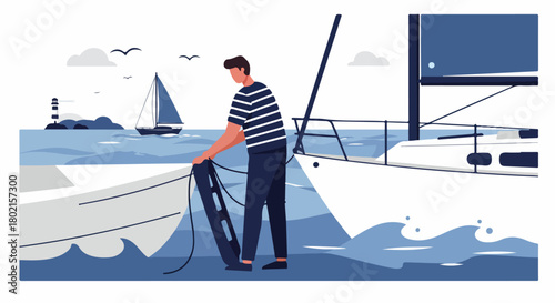 A man in a striped shirt prepares a sailboat on the open sea, with a lighthouse and another yacht in the distance, embodying a nautical adventure and serene marine lifestyle.