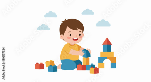 Happy toddler boy playing with colorful building blocks, constructing a small house. Child enjoys creative playtime with educational toys, fostering development and imagination.
