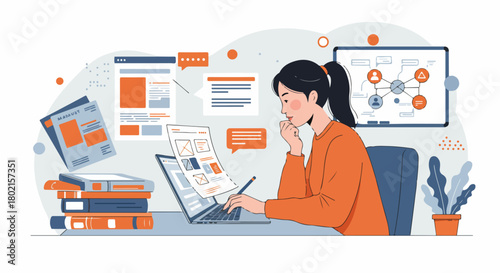 Woman engaged in digital content creation and research at her laptop, surrounded by educational materials and business analytics visuals.