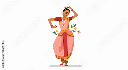 A graceful Indian classical dancer performs with traditional elegance, showcasing intricate hand gestures and vibrant costume in a cultural celebration.