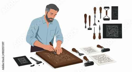 Man creating a linocut or woodcut print, expertly carving an intricate design into a block with printmaking tools for art.