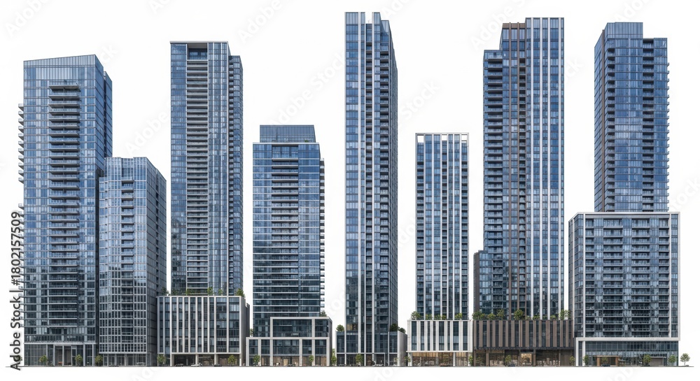 Fototapeta premium Modern High-Rise Apartment Buildings Row Isolated on White Background, Skyscraper, Architecture, City