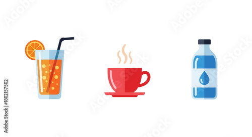 Refreshing drinks set: juice, coffee, and water bottle in flat design