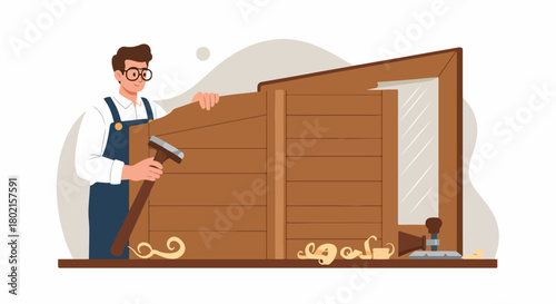 Smiling carpenter working on wooden furniture with hand tools, illustrating craftsmanship, construction, and hobby woodworking.